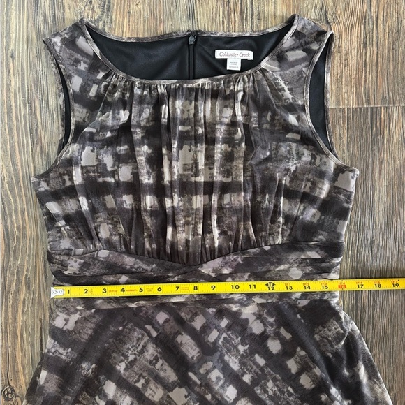 Coldwater Creek Midi Dress Sz M (10-12) Mesh Overlay Ruched Waistband Black Tan - Picture 7 of 12